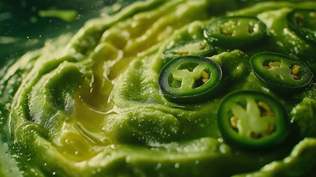 Green hot chili peppers on a green background. Close-up.の写真素材