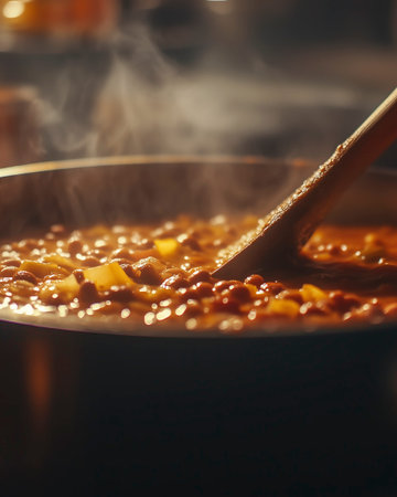 Cooking stew with red lentils in a casserole.