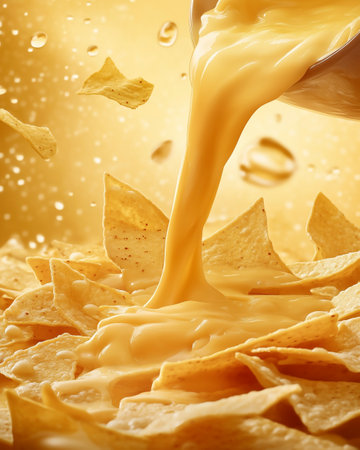 close up of nachos with cheese and milk splash on yellow backgroundの写真素材