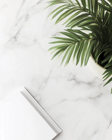 Creative flat lay top view of workspace desk with notebook, plant and copy spacele background...