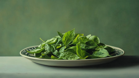 Fresh green spinach leaves in a white plate on a blue background.の写真素材
