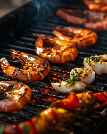 Juicy Grilled Shrimp and Vegetables on Skewers Over Hot Barbecue Flame