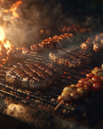 Smoky Labor Day Barbecue with Grilled Steaks, Skewers, and Open Flameの写真素材