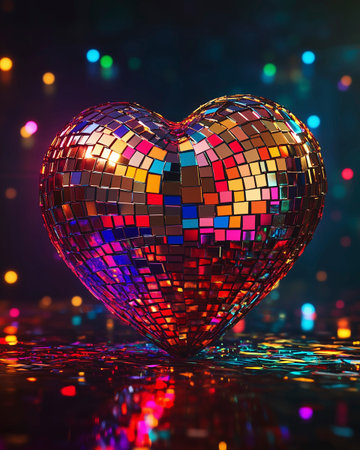 Colorful Heart-Shaped Disco Ball with Reflective Mosaic Tiles and Party Lights