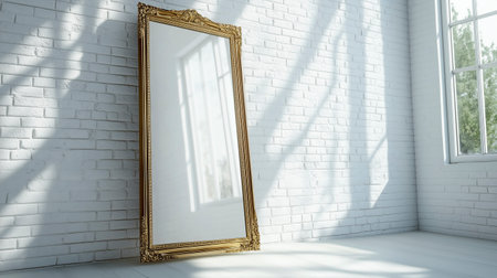 Empty golden picture frame on white brick wall background. 3d renderingの写真素材