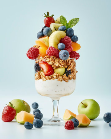 Healthy breakfast with muesli, yogurt and fresh fruits on blue backgroundの写真素材