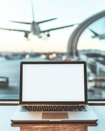 Laptop with blank screen on table at airport. Mock up.の写真素材
