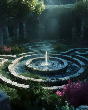 Fountain in the garden at night, beautiful photo digital picture.の写真素材