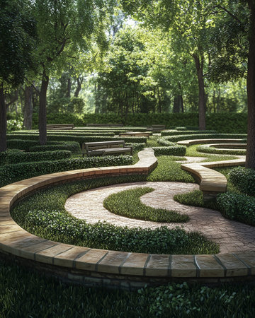 Beautiful garden with green grass and stone walkway in the parkの写真素材