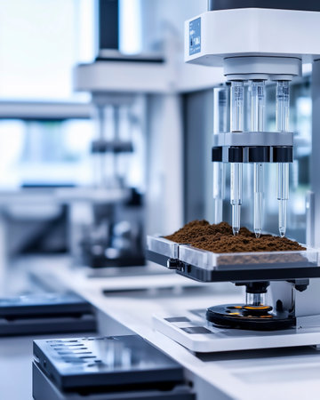 Laboratory glassware with soil sample, science research and development conceptの写真素材