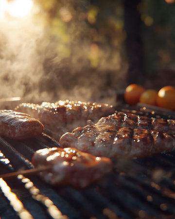 Barbecue with delicious grilled meat on grill outdoors, closeup view