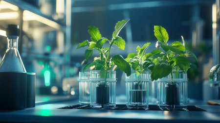 Basil plant growing in test tube in laboratory, science research and development concept