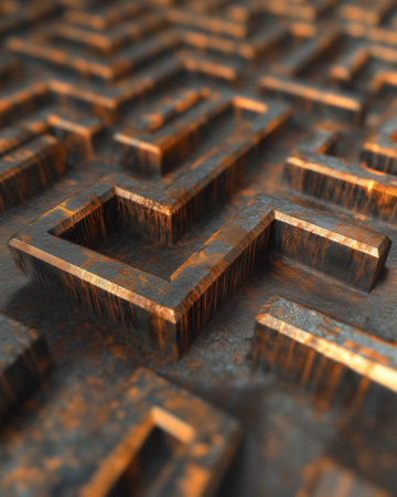 abstract 3d illustration of rusty metal background with square shapes in perspectiveの写真素材