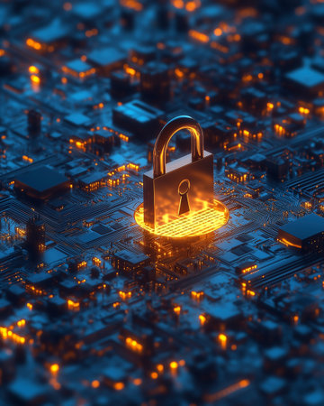 Cyber security concept. Padlock on circuit board. 3d illustration