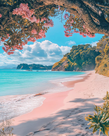 Pale pink sand beach and turquoise water in New Zealandの写真素材