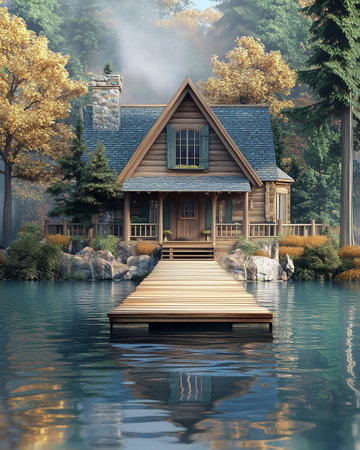 3D rendering of a wooden cottage on a lake in the forestの写真素材