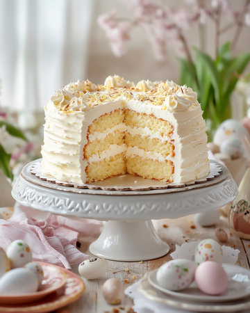 Easter cake with cream and eggs on a white background, selective focus