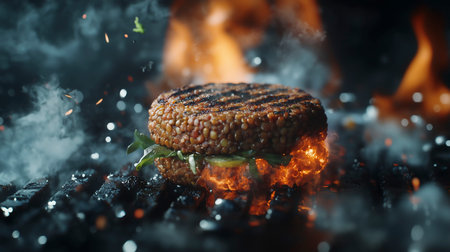 Grilled hamburger with flames and smoke on the background, close-upの写真素材