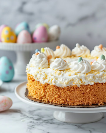 Easter cake with whipped cream and colorful eggs on white marble background