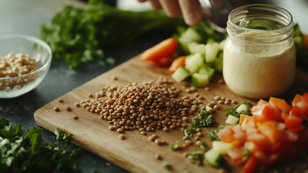 Woman preparing healthy salad with lentils on wooden board, closeupの写真素材