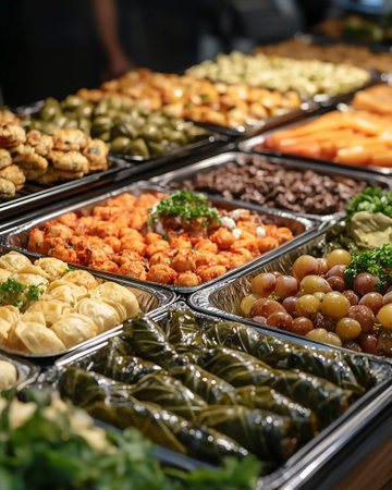 Close up of assorted appetizers on display at a buffet restaurant.の写真素材