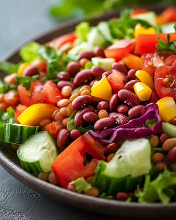 Vegetable salad with chickpeas, tomatoes, cucumbers and red beans.の写真素材