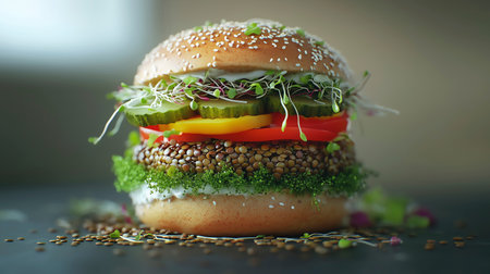 Healthy hamburger with fresh vegetables and sprouts on dark backgroundの写真素材
