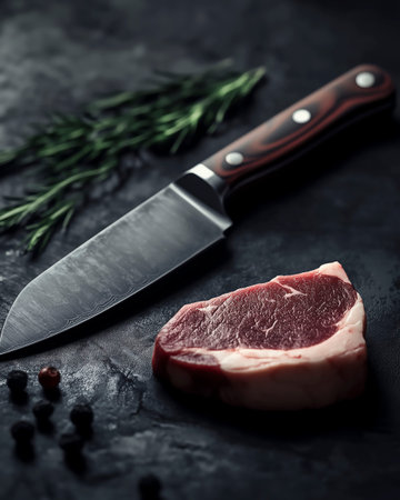 Raw beef steak with rosemary, pepper and knife on black background