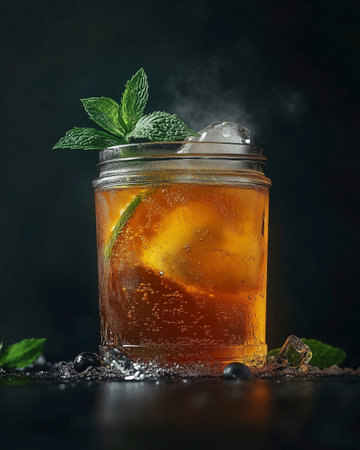 Glass of iced tea with ice cubes and mint on black background