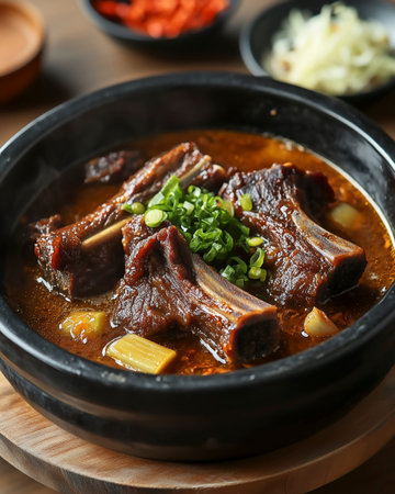 Beef Bourguignon in black bowl on wooden table, closeupの写真素材