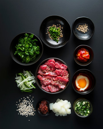 Sliced raw beef and vegetables on black backgroundの写真素材
