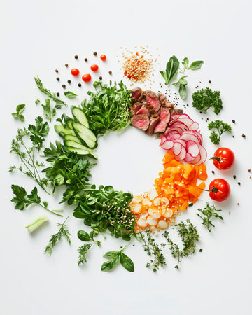 Flat lay composition with fresh herbs, vegetables on white backgroundの写真素材