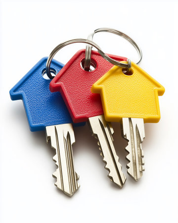 House keys with trinket on white background. Isolated.の写真素材