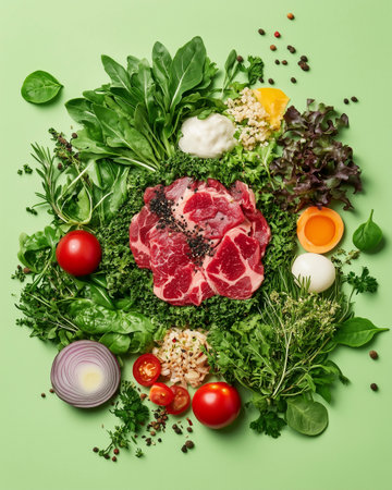 Fresh raw meat with ingredients for cooking on green background, top viewの写真素材