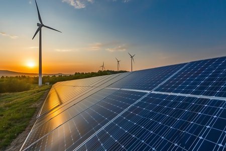 Solar panels and wind turbines at sunset. Alternative energy source. Renewable energy.