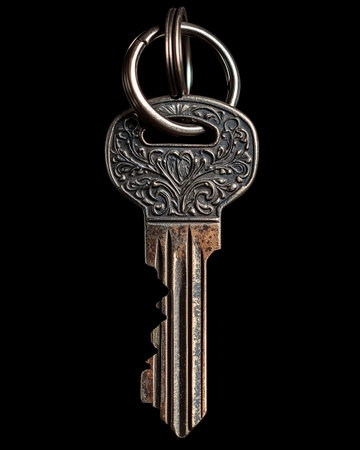 Old metal key on a black background.