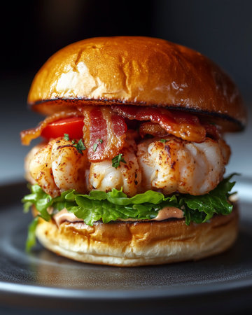 Seafood Burger with Bacon, Tomato, and Lettuceの写真素材