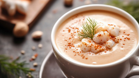 Cup of tasty cream soup with shrimps on table, closeupの写真素材