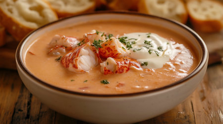 Creamy lobster soup with sour cream and crayfish.の写真素材