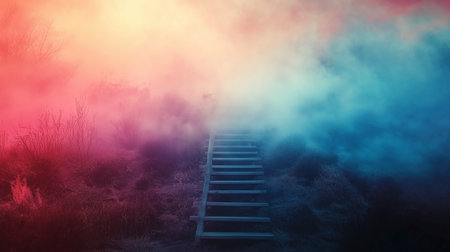 Staircase leading to the misty forest at sunrise. 3D Renderingの写真素材