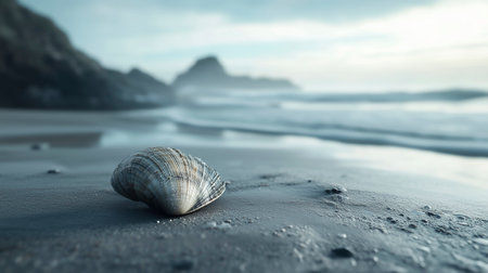 Scallop shell on the beach at sunrise. 3d renderの写真素材