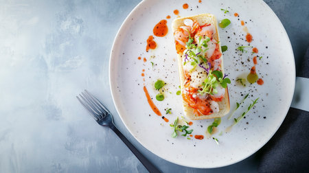 Tasty appetizer with shrimps, salmon and vegetables on white plateの写真素材