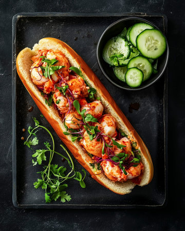 Hot dog with prawns and cucumber on dark background, top viewの写真素材