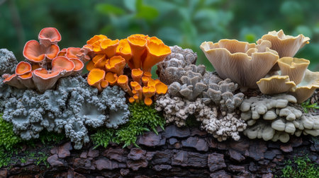 Mushrooms growing on a tree trunk with moss and lichenの写真素材