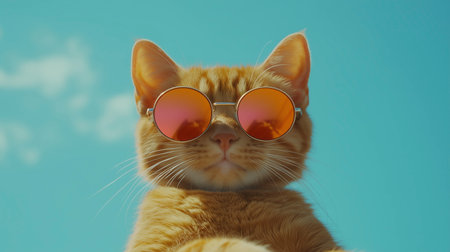 ginger cat wearing sunglasses on blue sky background, vintage tonedの写真素材