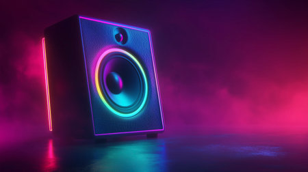 Music speaker in neon light on a dark background. 3d renderingの写真素材