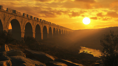Sunset over the Pont du Gard, France. 3d renderの写真素材
