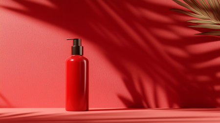 Red cosmetic bottle on red background with palm leaf shadow. 3d renderingの写真素材