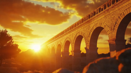 Roman aqueduct Pont du Gard at sunset, France, Europeの写真素材