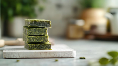 Natural handmade soap bars on table, closeup. Space for textの写真素材